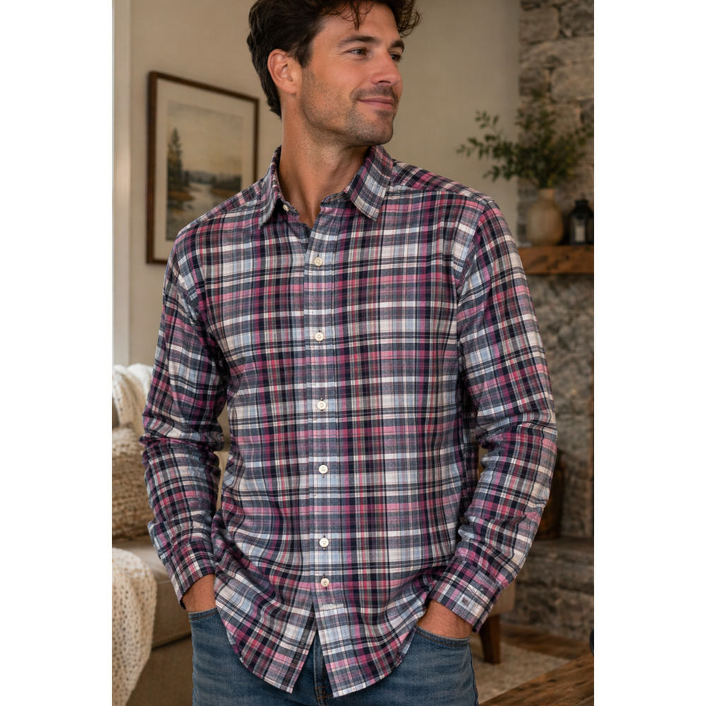 Hart Schaffner Marx Mens XL Plaid Button Down Shirt Pink Gray Cotton Long Sleeve